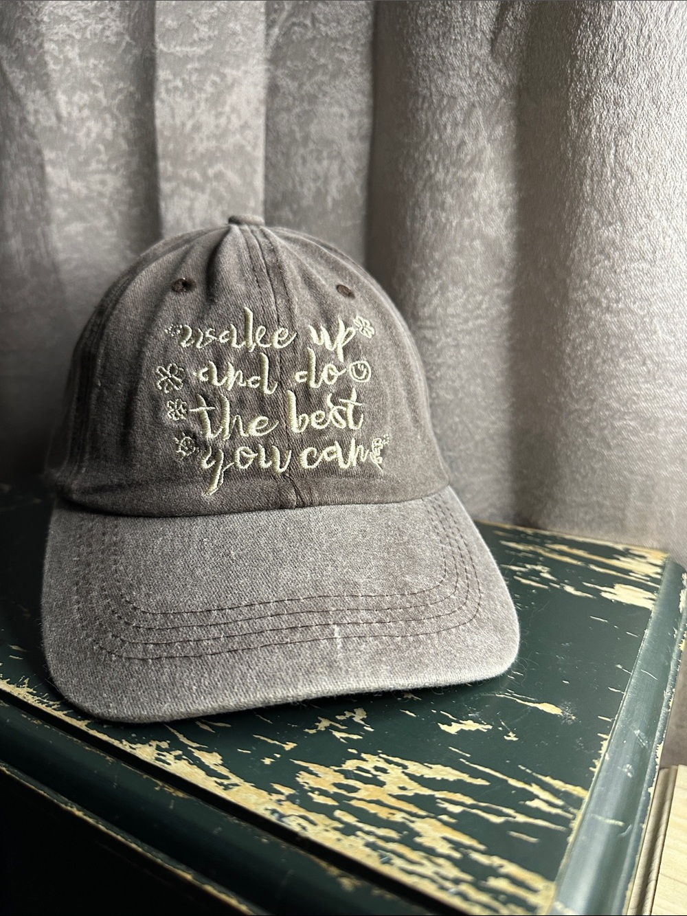 Brown washed look Embroidered Baseball Cap - Wake up and do the best you can